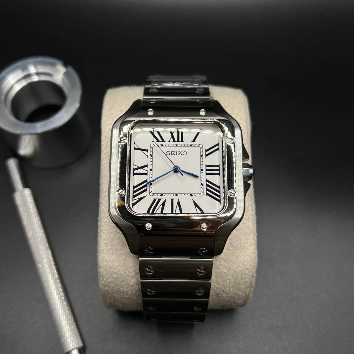 Santos Mod Silver White Dial silver and white Seiko mod style watch with NH35 automatic movement by ModTime - angled dial view