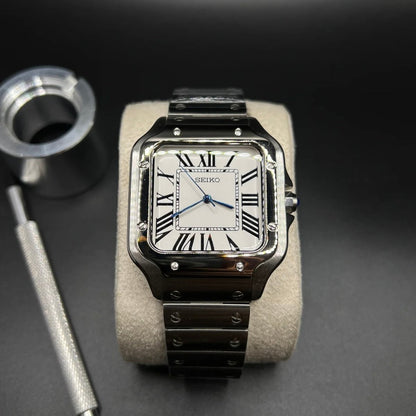 Santos Mod Silver White Dial silver and white Seiko mod style watch with NH35 automatic movement by ModTime - angled dial view
