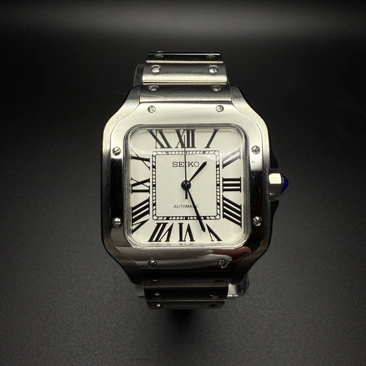 Santos Mod Silver White Dial silver and white Seiko mod style watch with NH35 automatic movement by ModTime - dial detail