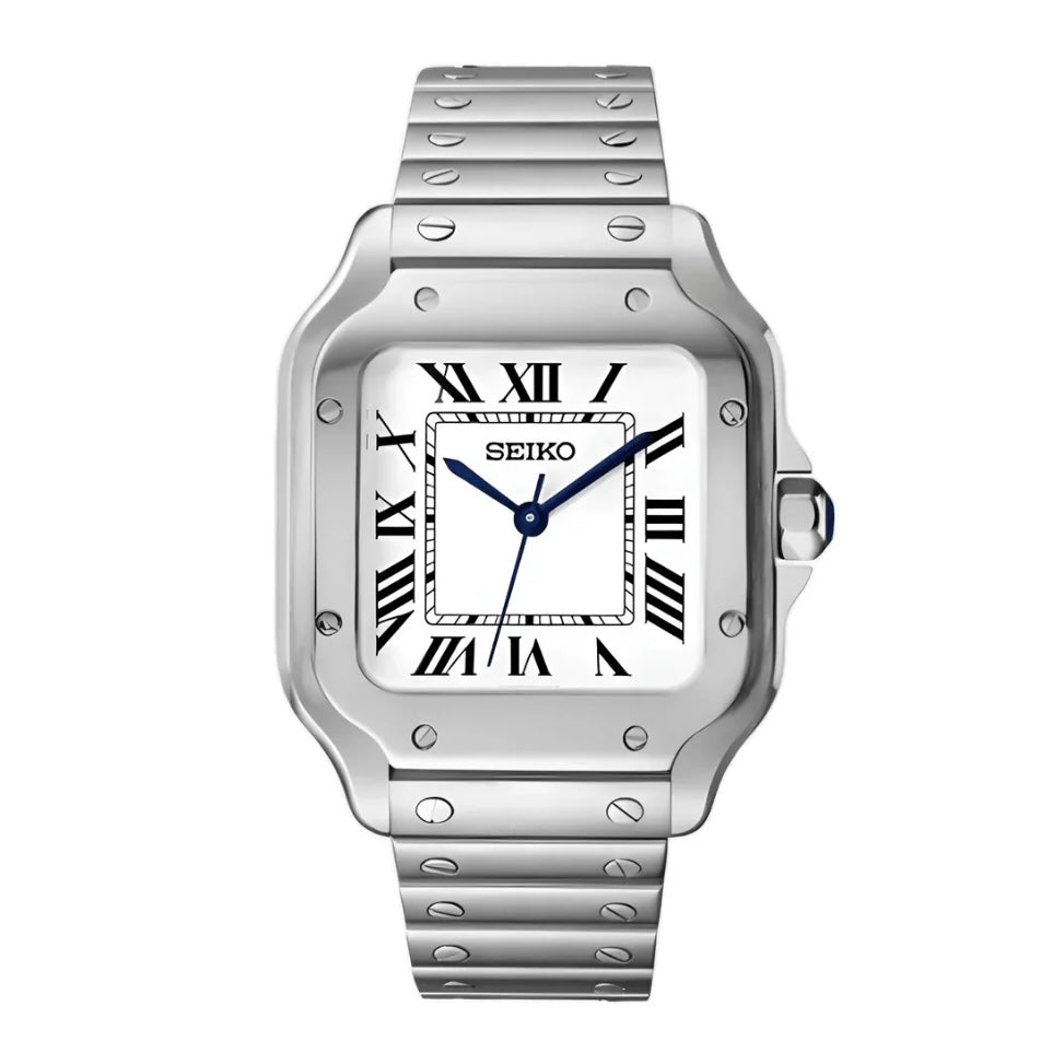 Santos Mod Silver White Dial silver and white Seiko mod style watch with NH35 automatic movement by ModTime - front product view