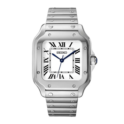 Santos Mod Silver White Dial silver and white Seiko mod style watch with NH35 automatic movement by ModTime - front product view