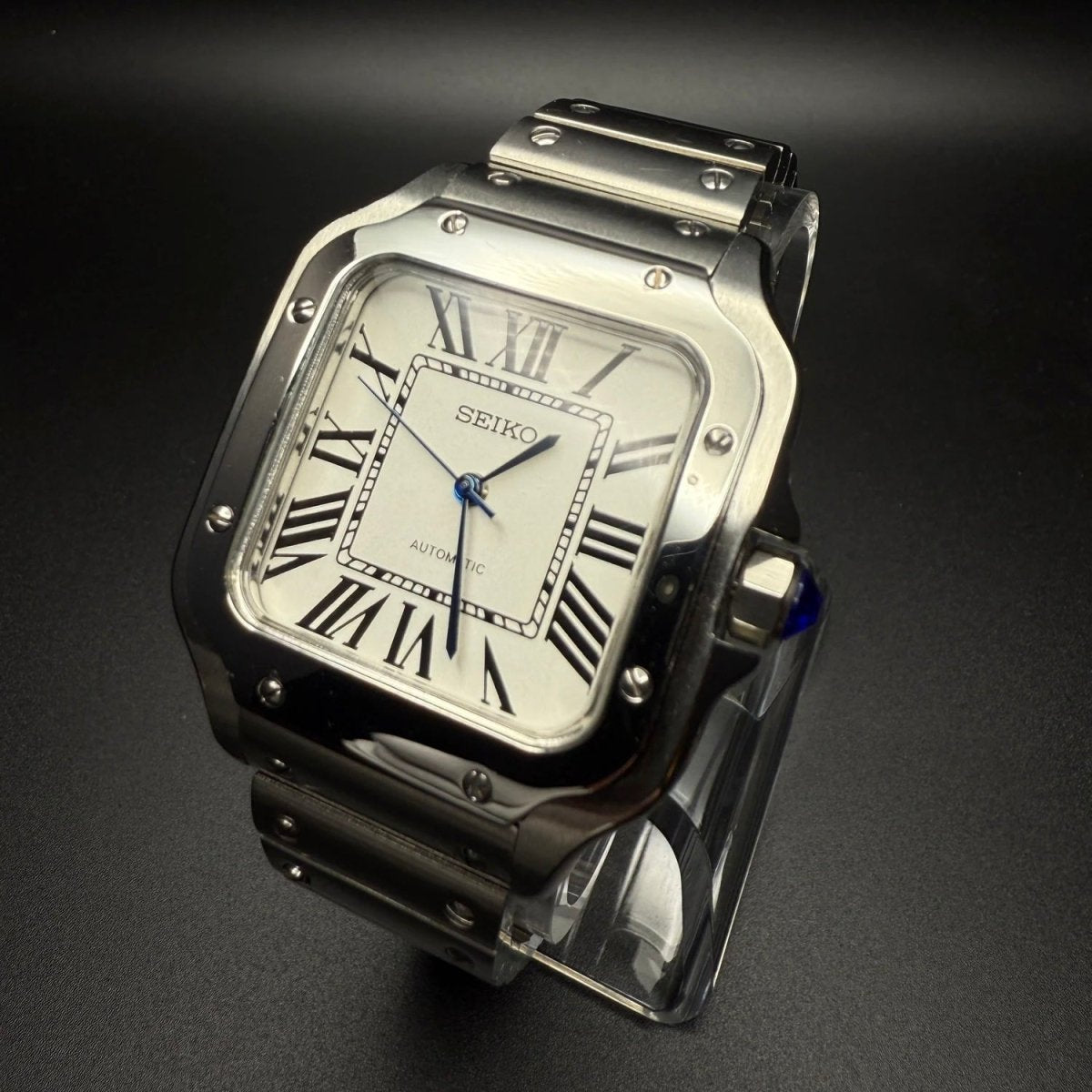 Santos Mod Silver White Dial silver and white Seiko mod style watch with NH35 automatic movement by ModTime - case and bracelet detail