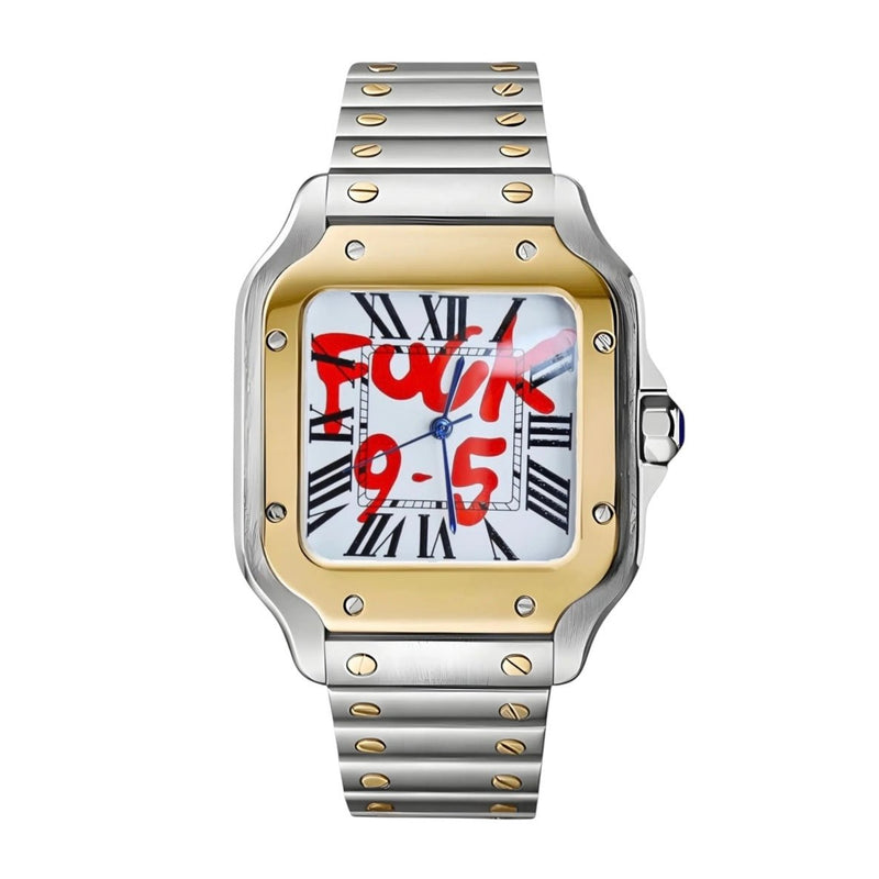 ModTime Santos-style Two-Tone Silver White NH38 automatic watch, gold-tone bezel, red 9-5 lettering, front view