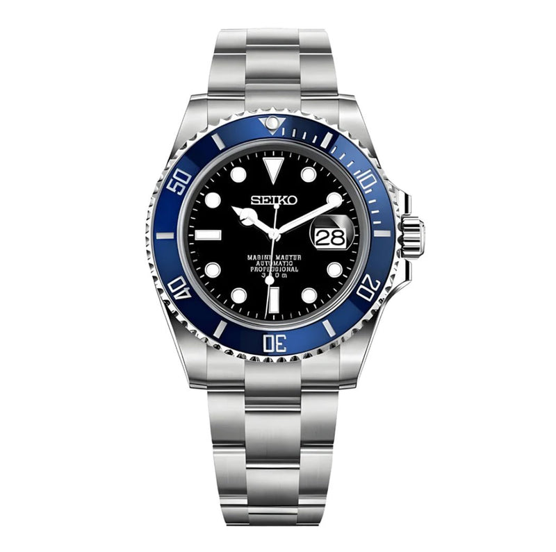 ModTime Submariner-style Silver Blue Black NH35 automatic watch, black dial, blue numbered bezel, front view