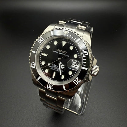 Seiko Mod Submariner Silver Black Dial Oyster, NH35 Automatic Movement, Sapphire Crystal, 904L Stainless Steel - ModTime