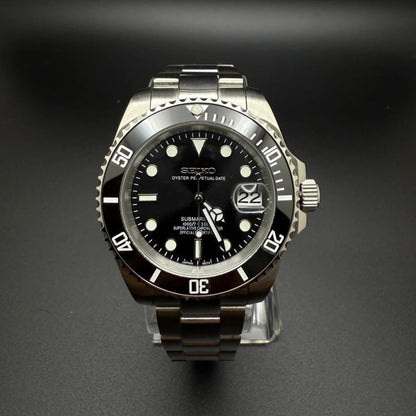 Seiko Mod Submariner Silver Black Dial Oyster, NH35 Automatic Movement, Sapphire Crystal, 904L Stainless Steel - ModTime
