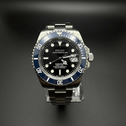 Seiko Mod Submariner Silver Blue Black Dial Oyster, NH35 Automatic Movement, Sapphire Crystal, 904L Stainless Steel - ModTime