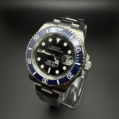 Seiko Mod Submariner Silver Blue Black Dial Oyster, NH35 Automatic Movement, Sapphire Crystal, 904L Stainless Steel - ModTime