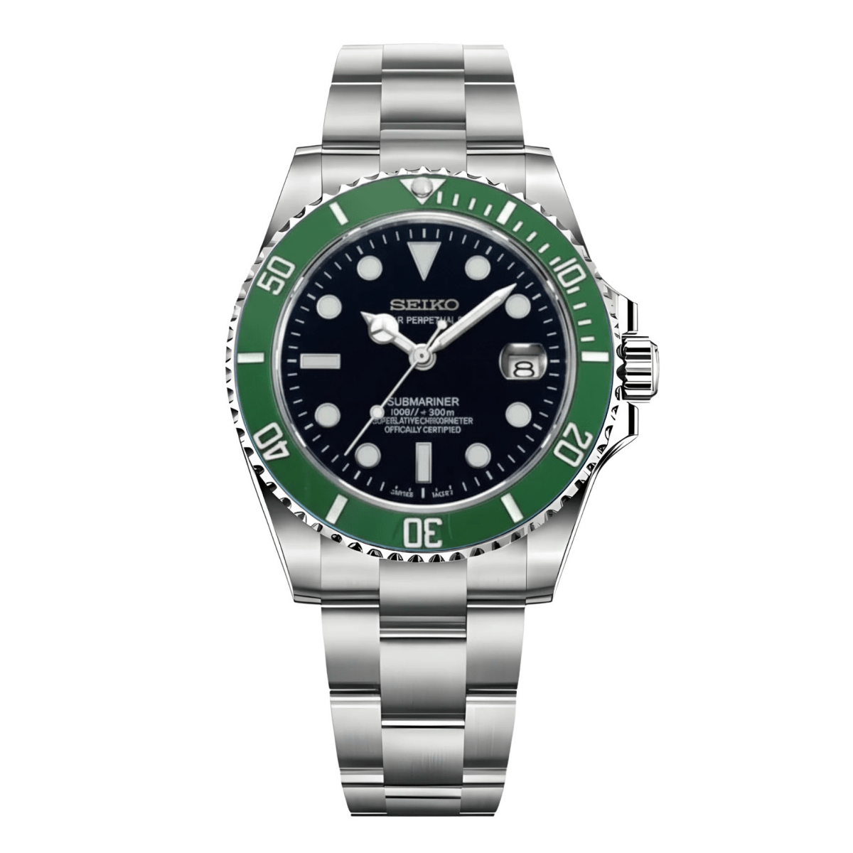 Submariner Mod Silver Kermit Dial Oyster silver dive-style Seiko mod style watch with NH35 automatic movement by ModTime - front product view