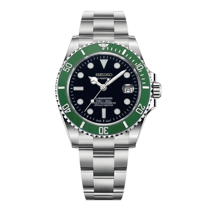 Submariner Mod Silver Kermit Dial Oyster silver dive-style Seiko mod style watch with NH35 automatic movement by ModTime - front product view