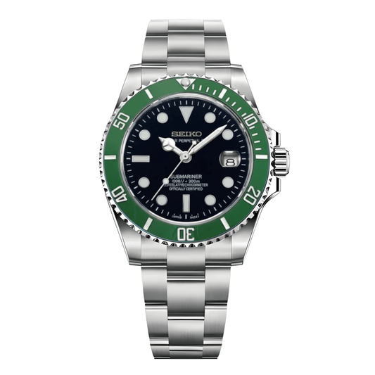 Seiko Mod Submariner Silver Kermit Dial Oyster, NH35 Automatic Movement, Sapphire Crystal, 904L Stainless Steel - ModTime