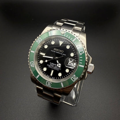 Submariner Mod Silver Kermit Dial Oyster silver dive-style Seiko mod style watch with NH35 automatic movement by ModTime - dial detail