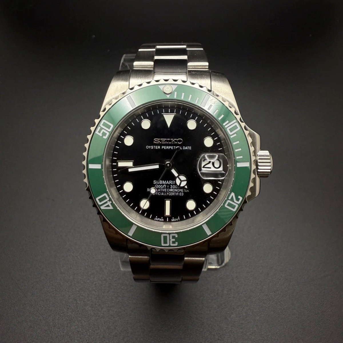 Submariner Mod Silver Kermit Dial Oyster silver dive-style Seiko mod style watch with NH35 automatic movement by ModTime - angled dial view