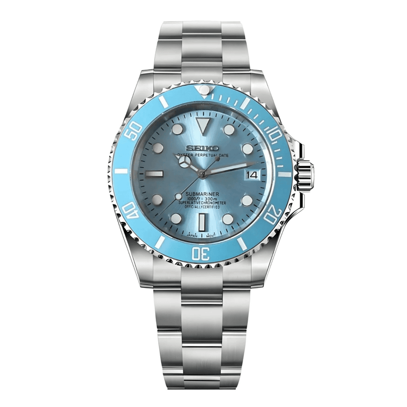 Submariner-style Silver Sky Blue Dial NH35 automatic watch with pale blue dial, date window, front view