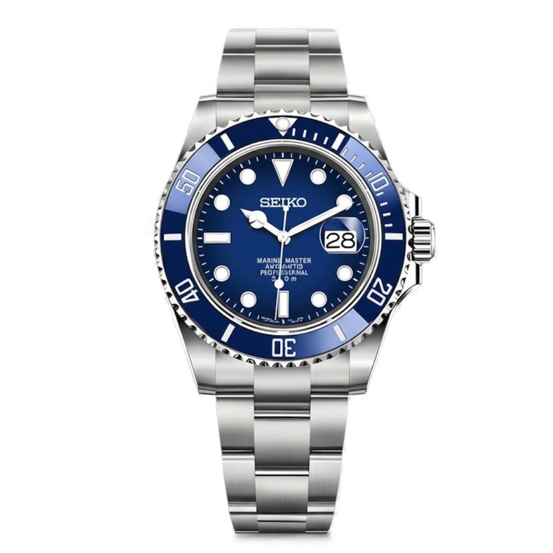Submariner-style Silver Smurf Dial NH35 automatic watch with blue dial, date magnifier, front view