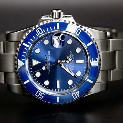 Seiko Mod Submariner Silver Smurf Dial Oyster, NH35 Automatic Movement, Sapphire Crystal, 904L Stainless Steel - ModTime