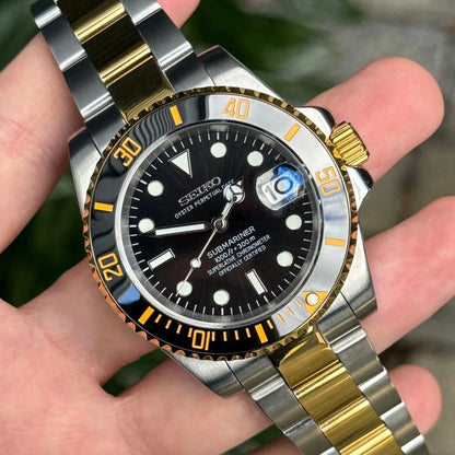 Submariner Mod Two Tone Night Dial Oyster dive-style Seiko mod style watch with NH35 automatic movement by ModTime - angled dial view