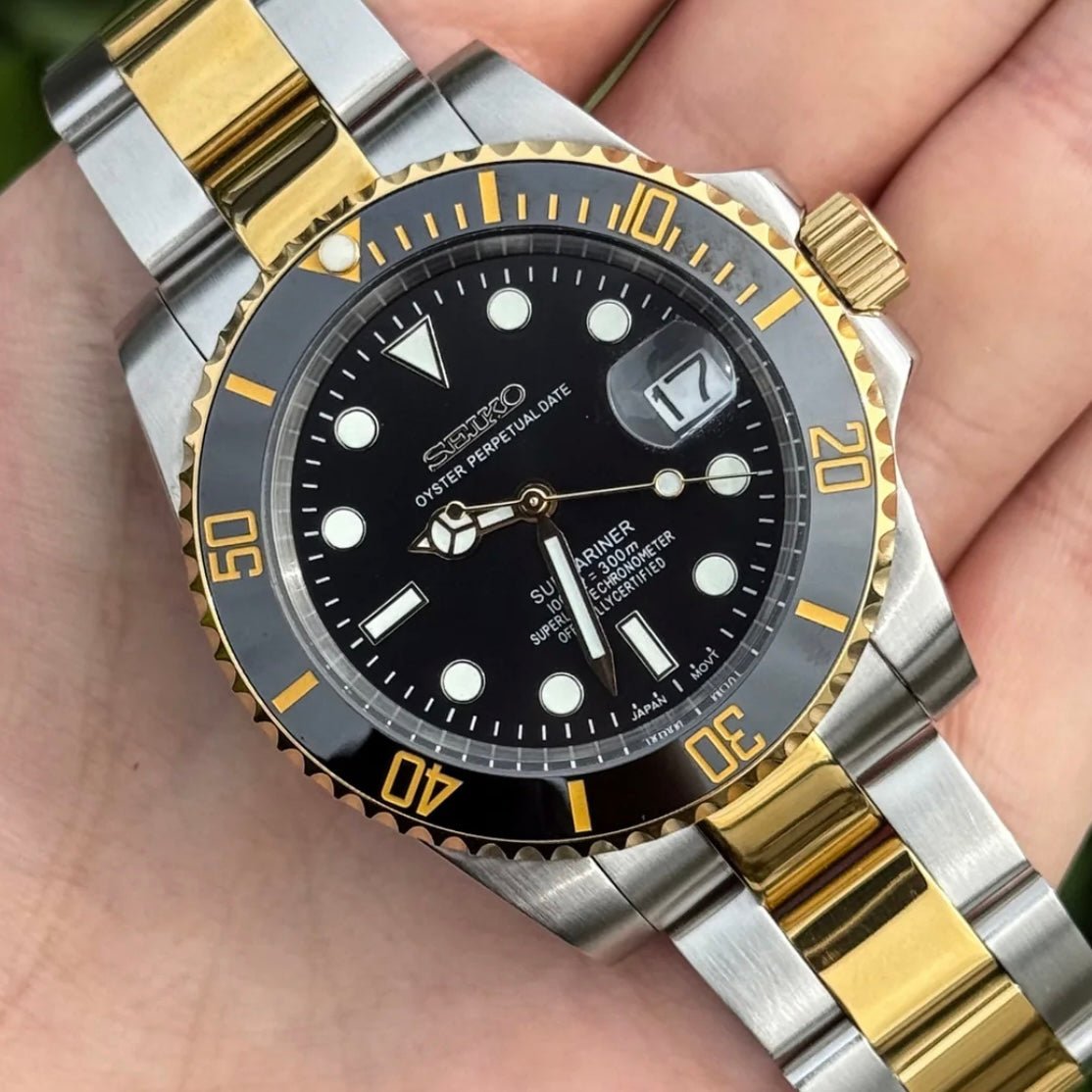 Submariner Mod Two Tone Night Dial Oyster dive-style Seiko mod style watch with NH35 automatic movement by ModTime - dial detail