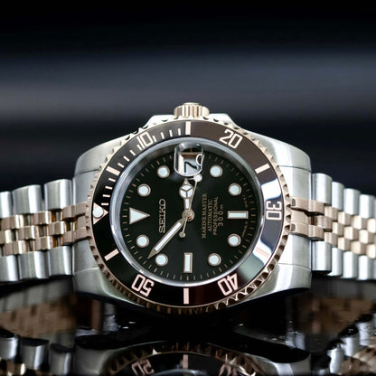 Seiko Mod Submariner Two-Tone Rotbeer Black Dial Jubilee, NH35 Automatic Movement, Sapphire Crystal, 904L Stainless Steel