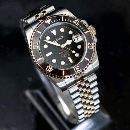 Seiko Mod Submariner Two-Tone Rotbeer Black Dial Jubilee, NH35 Automatic Movement, Sapphire Crystal, 904L Stainless Steel