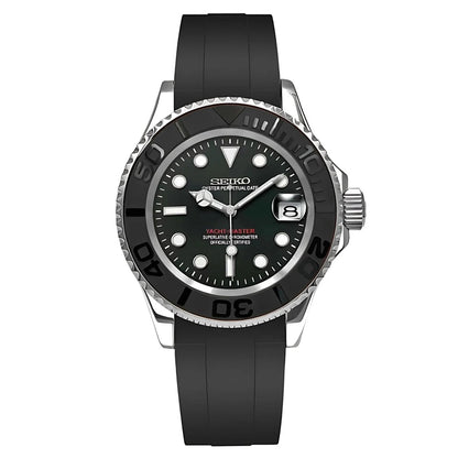 YachtMaster Black Dial Rubber Strap Seiko Mod NH35 Automatic Premium Watch – with sapphire, ceramic bezel and 904L steel case