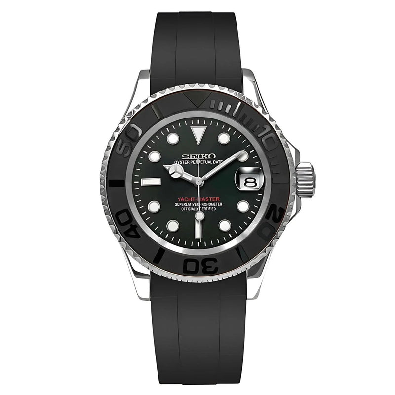 ModTime Yachtmaster-style Black Dial Rubber Strap NH35 automatic watch, black dial, numbered bezel, front view on white