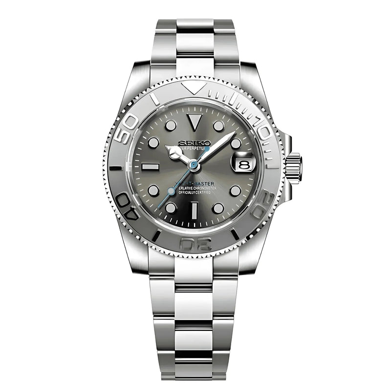 ModTime Yachtmaster-style Grey Dial NH35 automatic watch, grey dial, blue seconds hand, front view on white