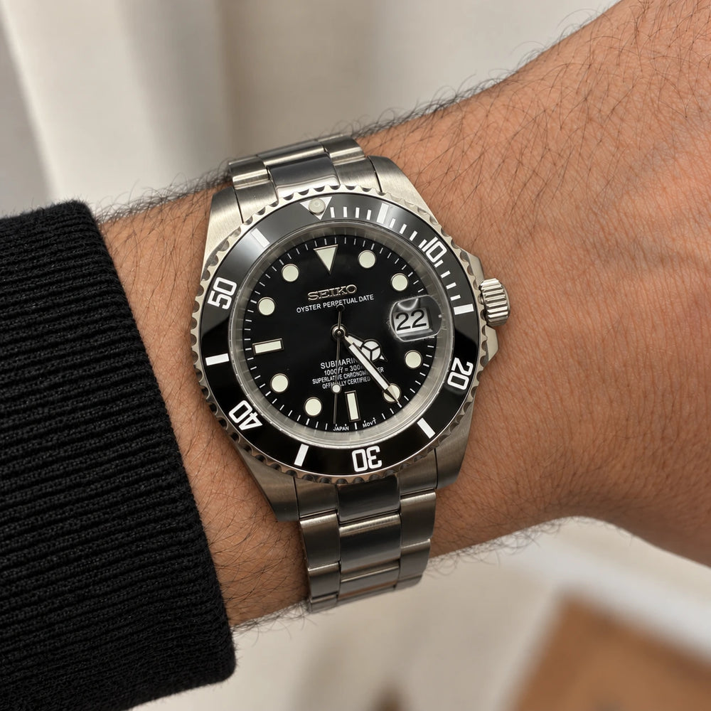 SUBMARINER WATCH MOD SILVER BLACK DIAL — on wrist