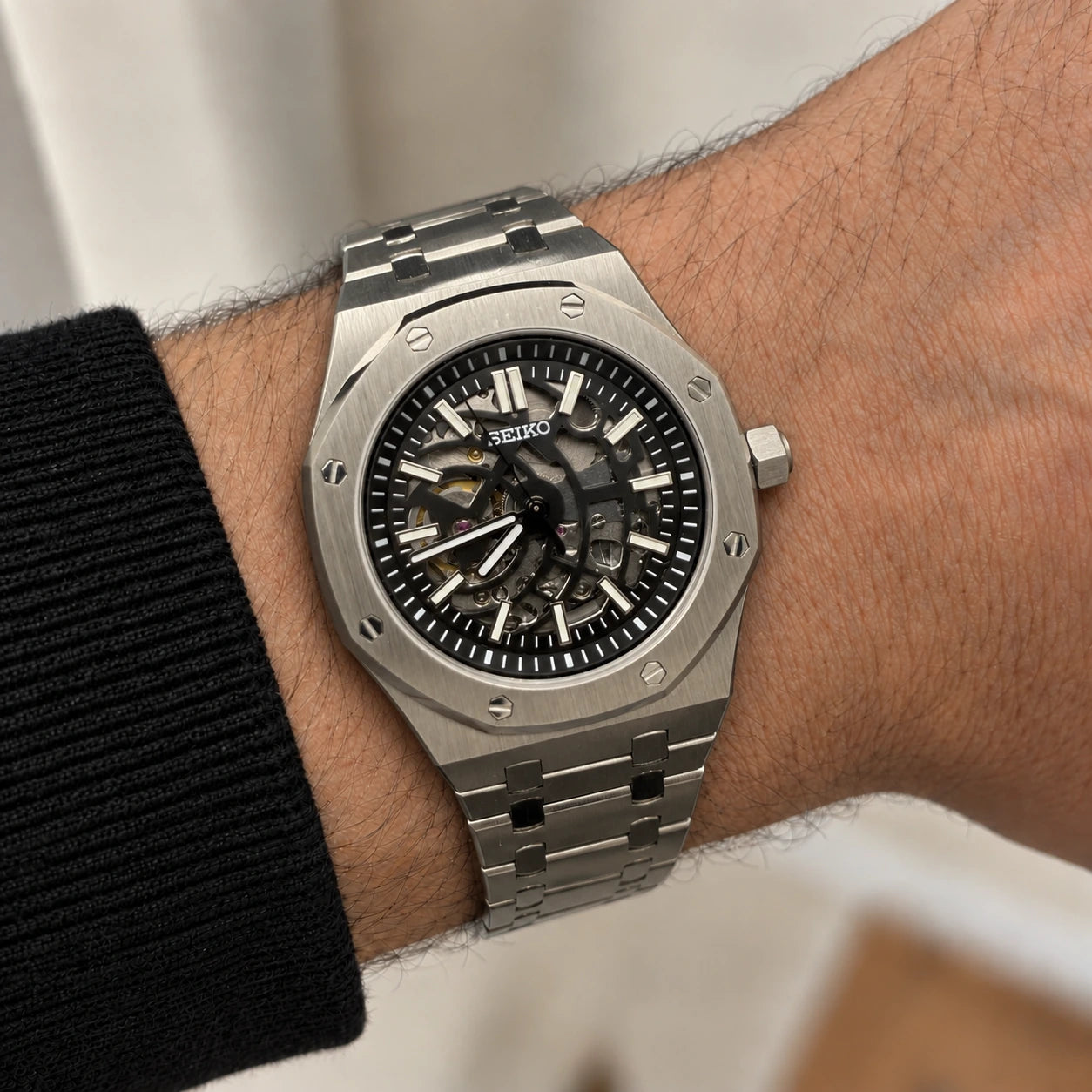 ROYAL OAK WATCH MOD SILVER SKELETON DIAL — on wrist