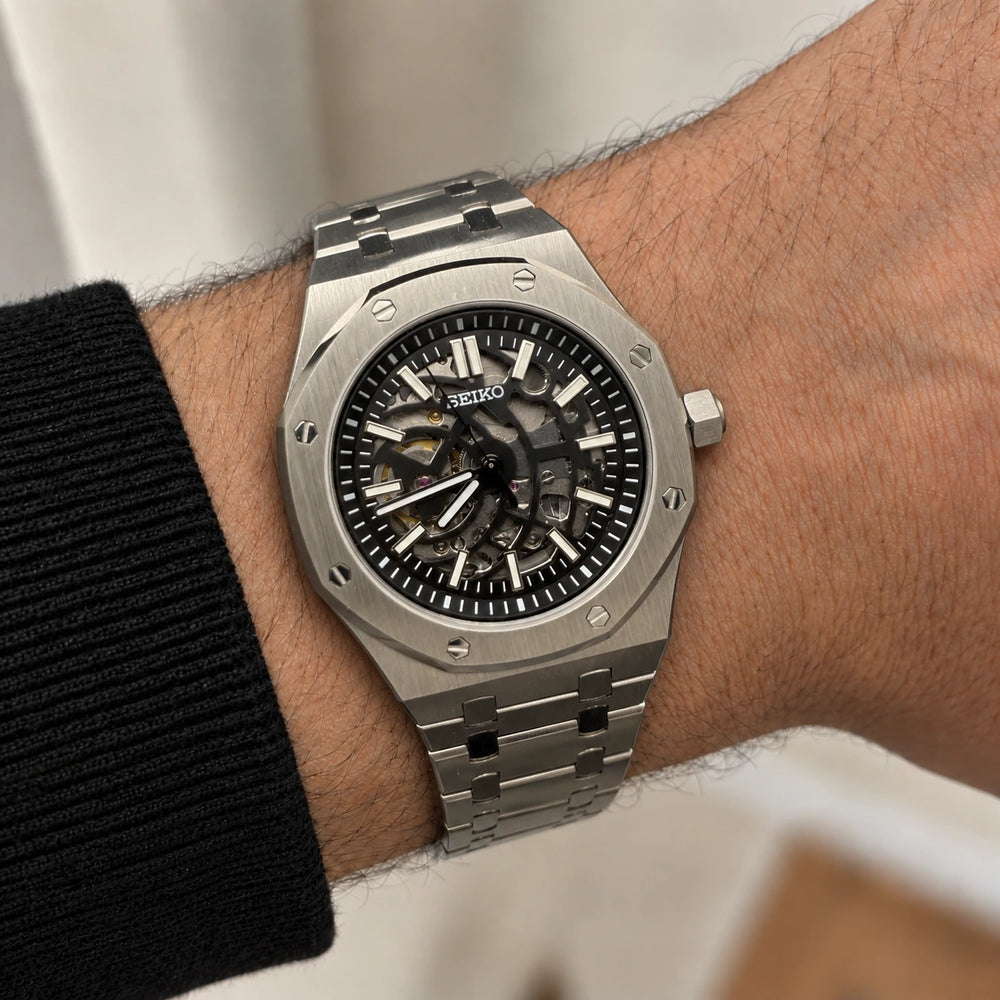 ROYAL OAK WATCH MOD SILVER SKELETON DIAL — on wrist